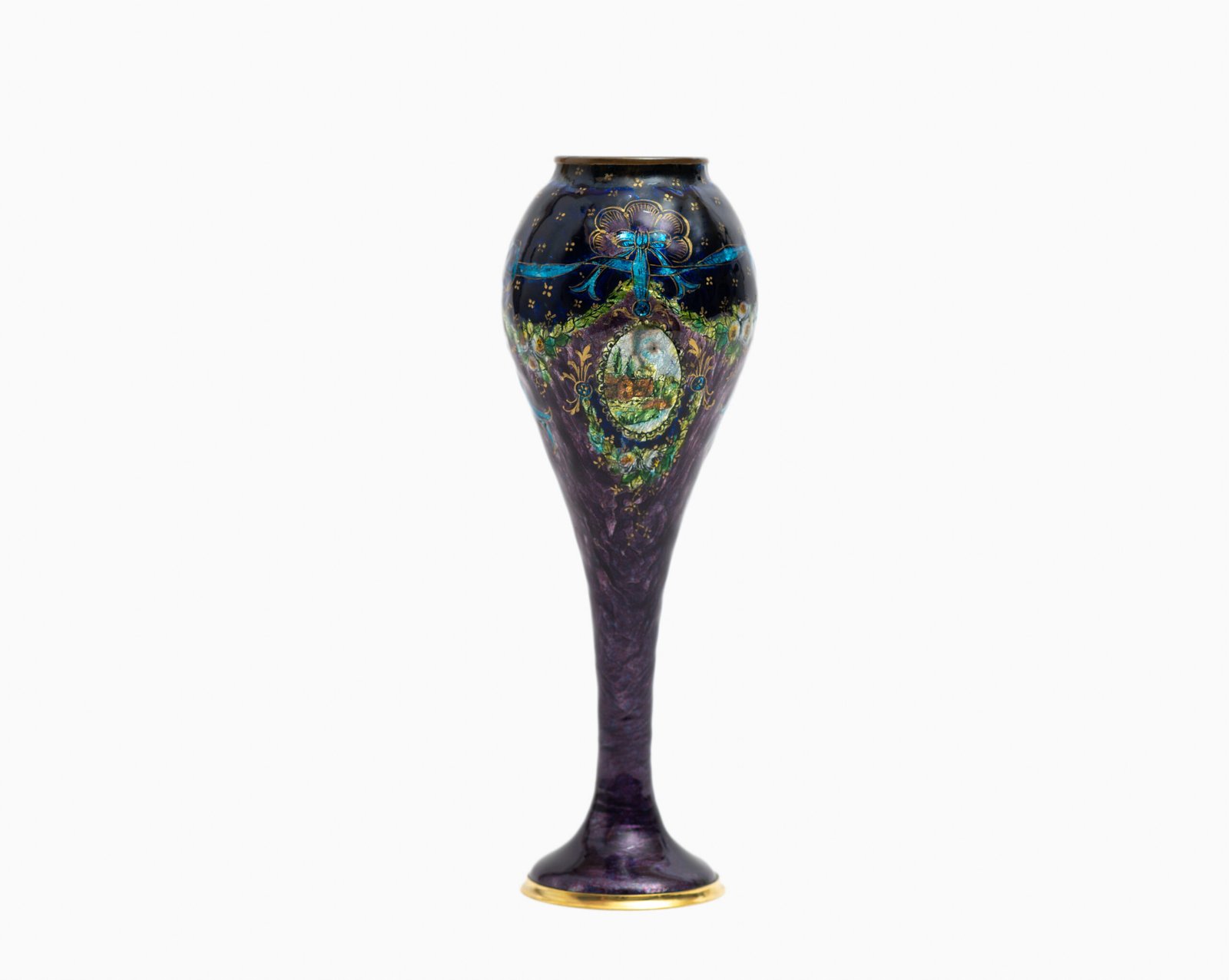 Art Nouveau enamel floral vase - Jules Sarlandie, Limoges Created by the talented Jules Sarlandie for Limoges, this piece impresses with its exquisiteness and fine details. Signed on the edge of the foot.