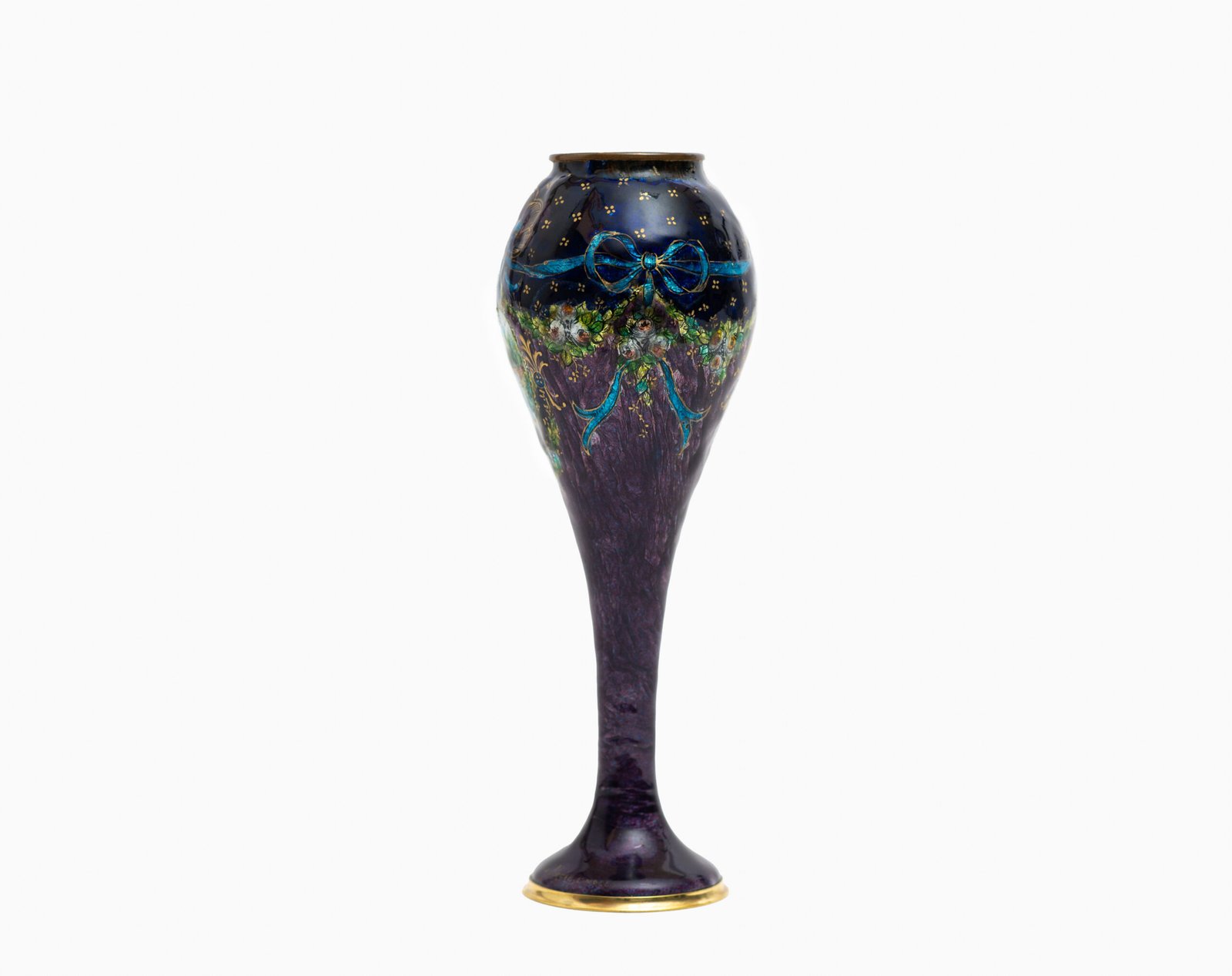 Art Nouveau enamel floral vase - Jules Sarlandie, Limoges Created by the talented Jules Sarlandie for Limoges, this piece impresses with its exquisiteness and fine details. Signed on the edge of the foot.