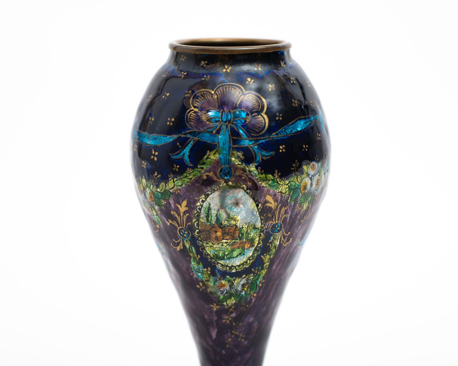 Art Nouveau enamel floral vase - Jules Sarlandie, Limoges Created by the talented Jules Sarlandie for Limoges, this piece impresses with its exquisiteness and fine details. Signed on the edge of the foot.