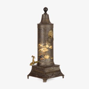 Hot water tower, Regency, Chinoiserie, 19th century Rare Regency hot water tower, Chinoiserie. Cylindrical alloy body on trapezoidal base housing the coal drawer, raised on four legs, brass faucet and lion-headed ring-shaped side handles. Painting with chinoiserie motifs.