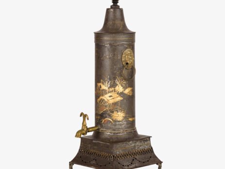 Hot water tower, Regency, Chinoiserie, 19th century Rare Regency hot water tower, Chinoiserie. Cylindrical alloy body on trapezoidal base housing the coal drawer, raised on four legs, brass faucet and lion-headed ring-shaped side handles. Painting with chinoiserie motifs.