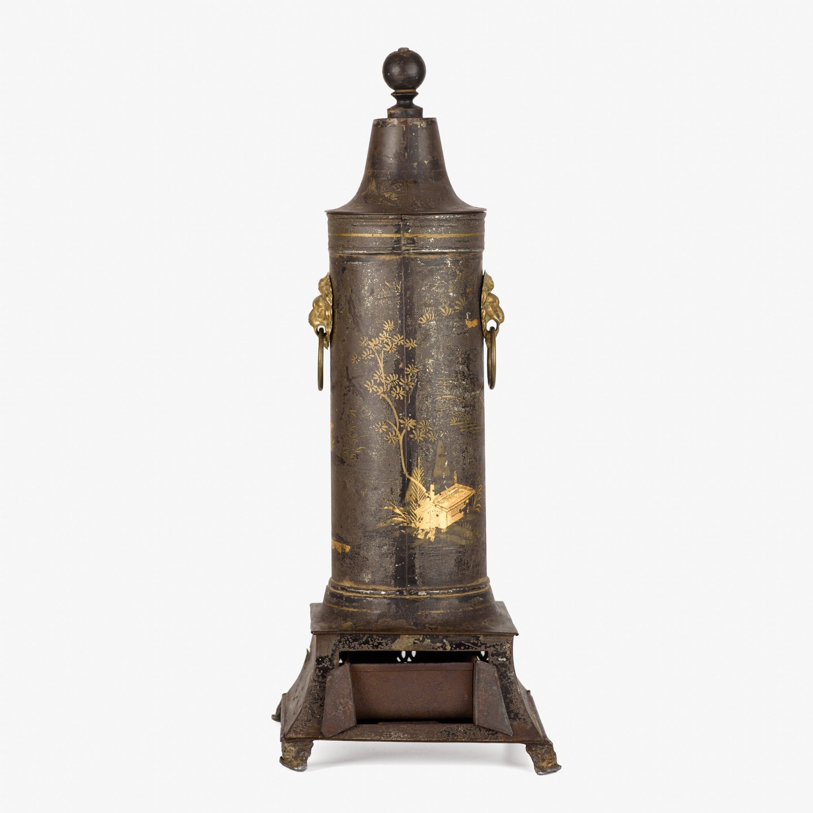 Hot water tower, Regency, Chinoiserie, 19th century Rare Regency hot water tower, Chinoiserie. Cylindrical alloy body on trapezoidal base housing the coal drawer, raised on four legs, brass faucet and lion-headed ring-shaped side handles. Painting with chinoiserie motifs.