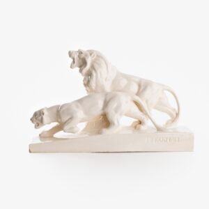 Crackle ceramic sculpture “Lion and Lioness” by L. Francois Great crackle white ceramic sculpture by the prestigious L. Francois. Made in France in the 30s of the last century by Saint-Clément. Dimensions Height 10.62 in Width 5.11 in Depth 18.5 in