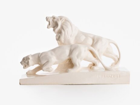 Crackle ceramic sculpture “Lion and Lioness” by L. Francois Great crackle white ceramic sculpture by the prestigious L. Francois. Made in France in the 30s of the last century by Saint-Clément. Dimensions Height 10.62 in Width 5.11 in Depth 18.5 in