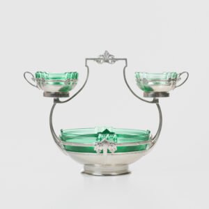 Exquisite WMF Art Nouveau Fruit Basket - Silver Plated Brass and Green Glass 1900's Discover a true gem of Art Nouveau design with this stunning WMF fruit basket, made in Germany between 1900 and 1910.