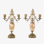 Elegant Japanese Satsuma candlesticks, Golden Brass, (Meiji 1868-1912) Pair of antique Japanese Satsuma ceramic candlesticks, with gilt brass frame, made in Japan for export during the Meiji period (1868-1912).