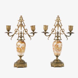 Elegant Japanese Satsuma candlesticks, Golden Brass, (Meiji 1868-1912) Pair of antique Japanese Satsuma ceramic candlesticks, with gilt brass frame, made in Japan for export during the Meiji period (1868-1912).