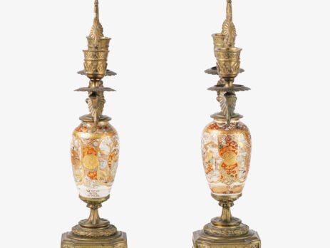 Elegant Japanese Satsuma candlesticks, Golden Brass, (Meiji 1868-1912) Pair of antique Japanese Satsuma ceramic candlesticks, with gilt brass frame, made in Japan for export during the Meiji period (1868-1912).