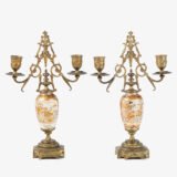 Elegant Japanese Satsuma candlesticks, Golden Brass, (Meiji 1868-1912) Pair of antique Japanese Satsuma ceramic candlesticks, with gilt brass frame, made in Japan for export during the Meiji period (1868-1912).