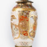 Elegant Japanese Satsuma candlesticks, Golden Brass, (Meiji 1868-1912) Pair of antique Japanese Satsuma ceramic candlesticks, with gilt brass frame, made in Japan for export during the Meiji period (1868-1912).
