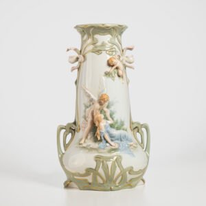 Antique German Art Nouveau Porcelain Vase by Karl Ens – Cupid and Maiden – Hand Painted, ca. 1900 This exceptional German Art Nouveau porcelain vase was crafted by Karl Ens Porzellanmanufaktur in the early 20th century, around 1900–1910. An exquisite example of Jugendstil decorative art. Dimensions: • Height: 15.7 in • Diameter: 9 in