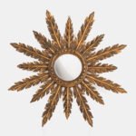 Elegant sunburst mirror hand-carved in elm and gilded with gold leaf, made in Viana do Castelo (Portugal) circa 1920–1930. Original mirror, refined patina, and exceptional craftsmanship.