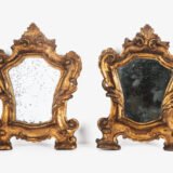 “Pair of 18th-century Italian Baroque devotional frames (cartas de gloria) with hand-carved wood, original gold leaf gilding, and mercury glass mirrors, Lombard-Venetian school.”