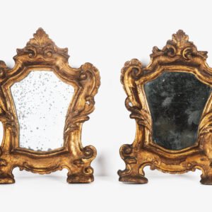 “Pair of 18th-century Italian Baroque devotional frames (cartas de gloria) with hand-carved wood, original gold leaf gilding, and mercury glass mirrors, Lombard-Venetian school.”