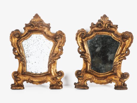 “Pair of 18th-century Italian Baroque devotional frames (cartas de gloria) with hand-carved wood, original gold leaf gilding, and mercury glass mirrors, Lombard-Venetian school.”