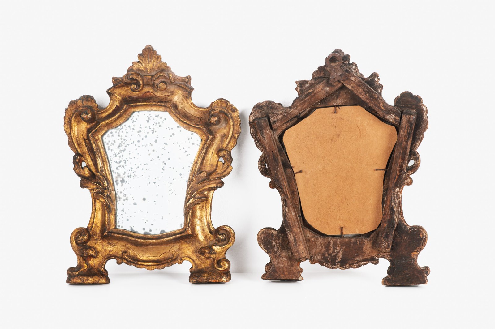 “Pair of 18th-century Italian Baroque devotional frames (cartas de gloria) with hand-carved wood, original gold leaf gilding, and mercury glass mirrors, Lombard-Venetian school.”