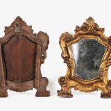 “Pair of 18th-century Italian Baroque devotional frames (cartas de gloria) with hand-carved wood, original gold leaf gilding, and mercury glass mirrors, Lombard-Venetian school.”