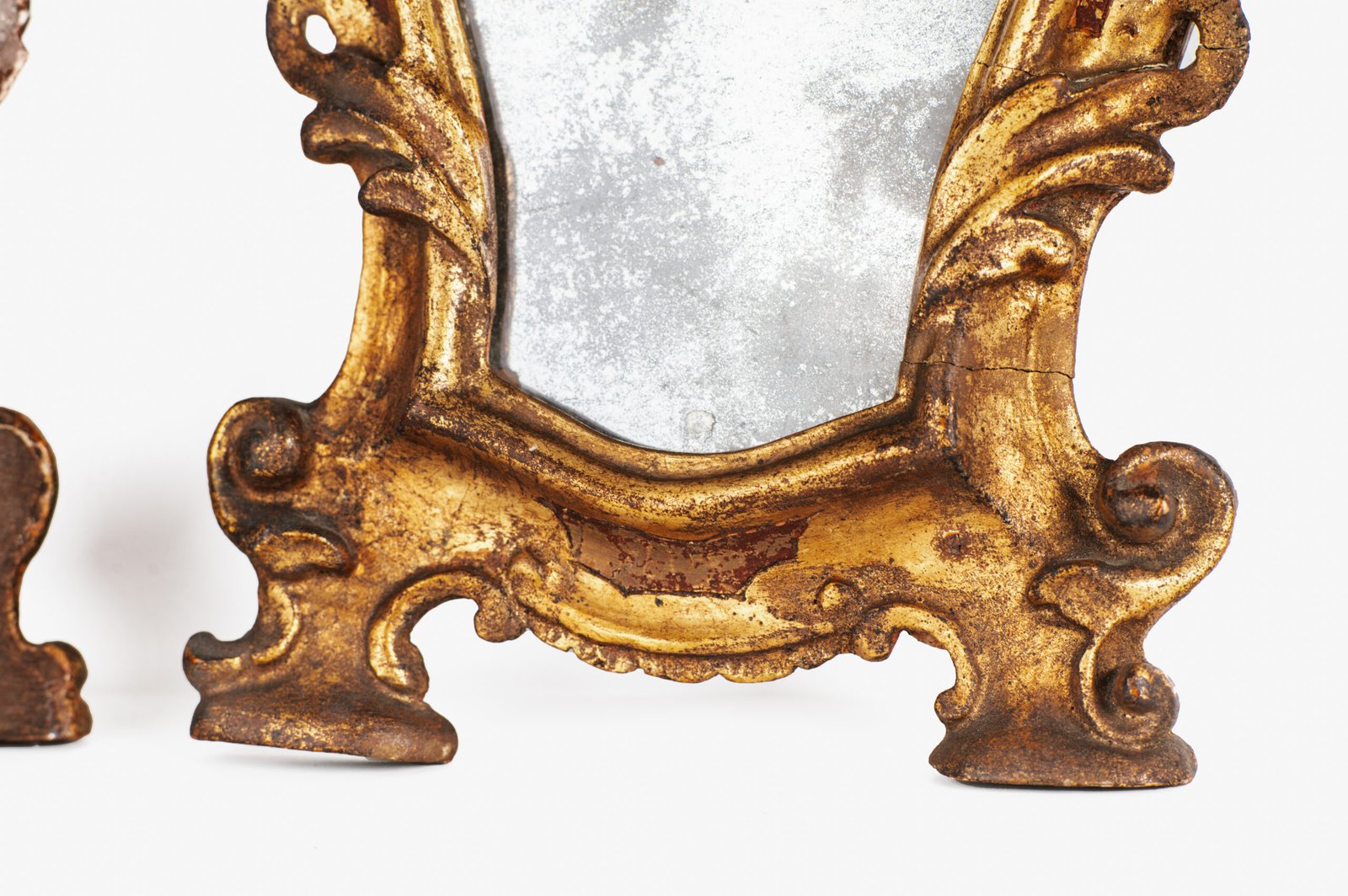 “Pair of 18th-century Italian Baroque devotional frames (cartas de gloria) with hand-carved wood, original gold leaf gilding, and mercury glass mirrors, Lombard-Venetian school.”
