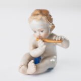 Delicate set of four hand-painted porcelain putti musicians crafted by the Höchst manufactory in Germany, circa 1767–1779. Each figure depicts a different musical instrument and bears the distinctive Höchst wheel mark with radiating spokes. Approx. 1.77 × 1.77 × 1.18 in. A fine example of late Rococo artistry.