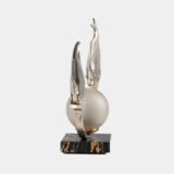 Original French Art Deco table lamp ca. 1930, signed by M. Font on both silvered metal fish figures, with sculptural design, frosted glass globe, and black Portoro marble base with natural golden veining. Measures 12.2 in high, 13.4 in wide, and 4.3 in deep.
