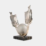Original French Art Deco table lamp ca. 1930, signed by M. Font on both silvered metal fish figures, with sculptural design, frosted glass globe, and black Portoro marble base with natural golden veining. Measures 12.2 in high, 13.4 in wide, and 4.3 in deep.