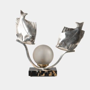 Original French Art Deco table lamp ca. 1930, signed by M. Font on both silvered metal fish figures, with sculptural design, frosted glass globe, and black Portoro marble base with natural golden veining. Measures 12.2 in high, 13.4 in wide, and 4.3 in deep.
