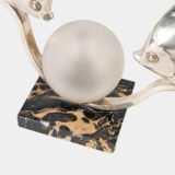 Original French Art Deco table lamp ca. 1930, signed by M. Font on both silvered metal fish figures, with sculptural design, frosted glass globe, and black Portoro marble base with natural golden veining. Measures 12.2 in high, 13.4 in wide, and 4.3 in deep.