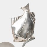 Original French Art Deco table lamp ca. 1930, signed by M. Font on both silvered metal fish figures, with sculptural design, frosted glass globe, and black Portoro marble base with natural golden veining. Measures 12.2 in high, 13.4 in wide, and 4.3 in deep.