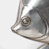 Original French Art Deco table lamp ca. 1930, signed by M. Font on both silvered metal fish figures, with sculptural design, frosted glass globe, and black Portoro marble base with natural golden veining. Measures 12.2 in high, 13.4 in wide, and 4.3 in deep.