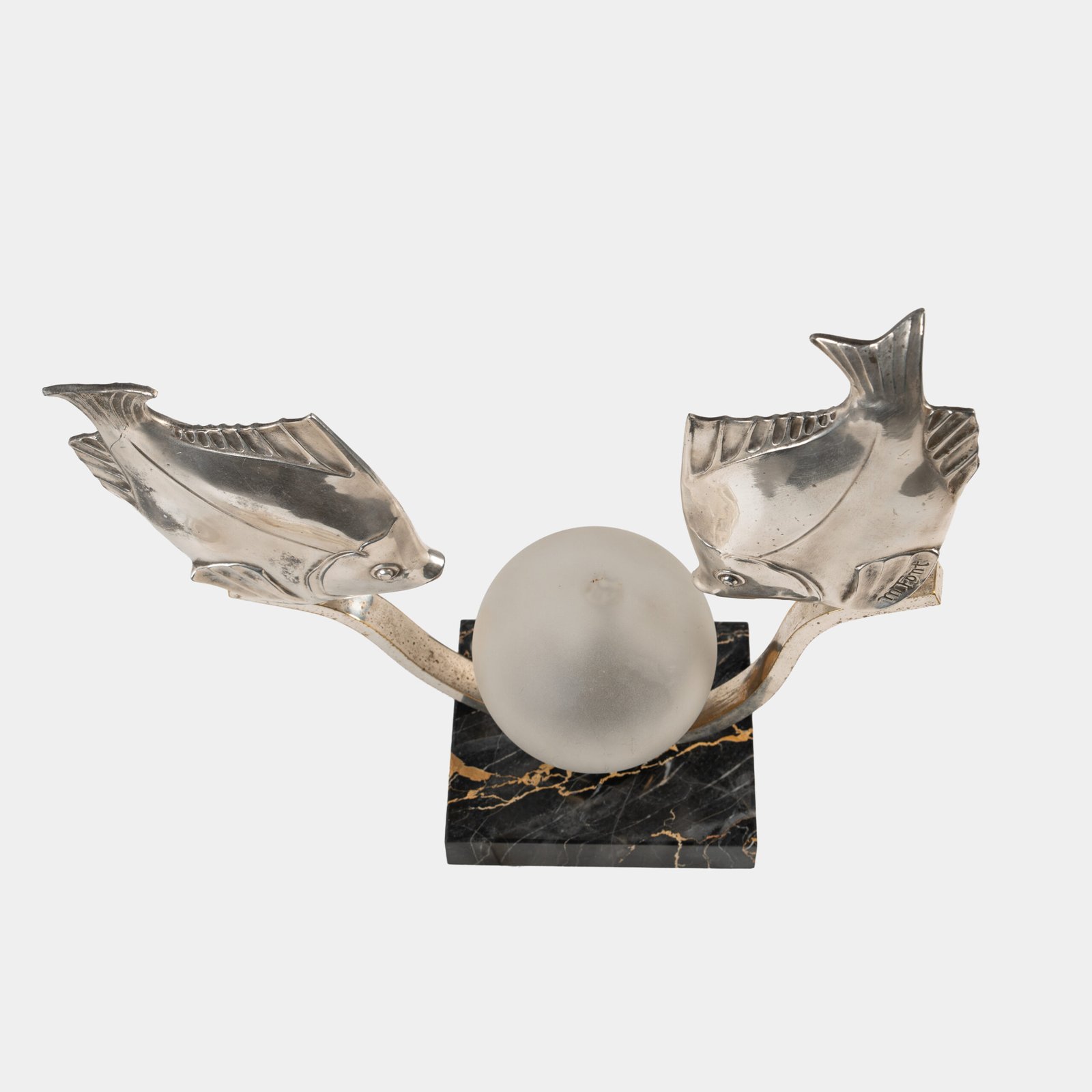 Original French Art Deco table lamp ca. 1930, signed by M. Font on both silvered metal fish figures, with sculptural design, frosted glass globe, and black Portoro marble base with natural golden veining. Measures 12.2 in high, 13.4 in wide, and 4.3 in deep.