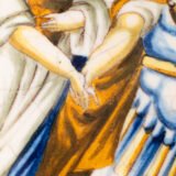 Hand-painted Italian maiolica plate, Deruta or Urbino, late 17th to early 18th century. Depicts Mercury with winged sandals beside a female figure, likely an allegory of Peace, Concord, or Wisdom. Rich Baroque border with cherubs, musical instruments, and cartouches. Tin-glazed earthenware with visible craquelure and minor rim losses.