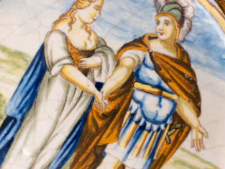 Exquisite Italian Maiolica Plate with Mercury – hand-painted istoriato ceramic from Deruta or Urbino, c.1700