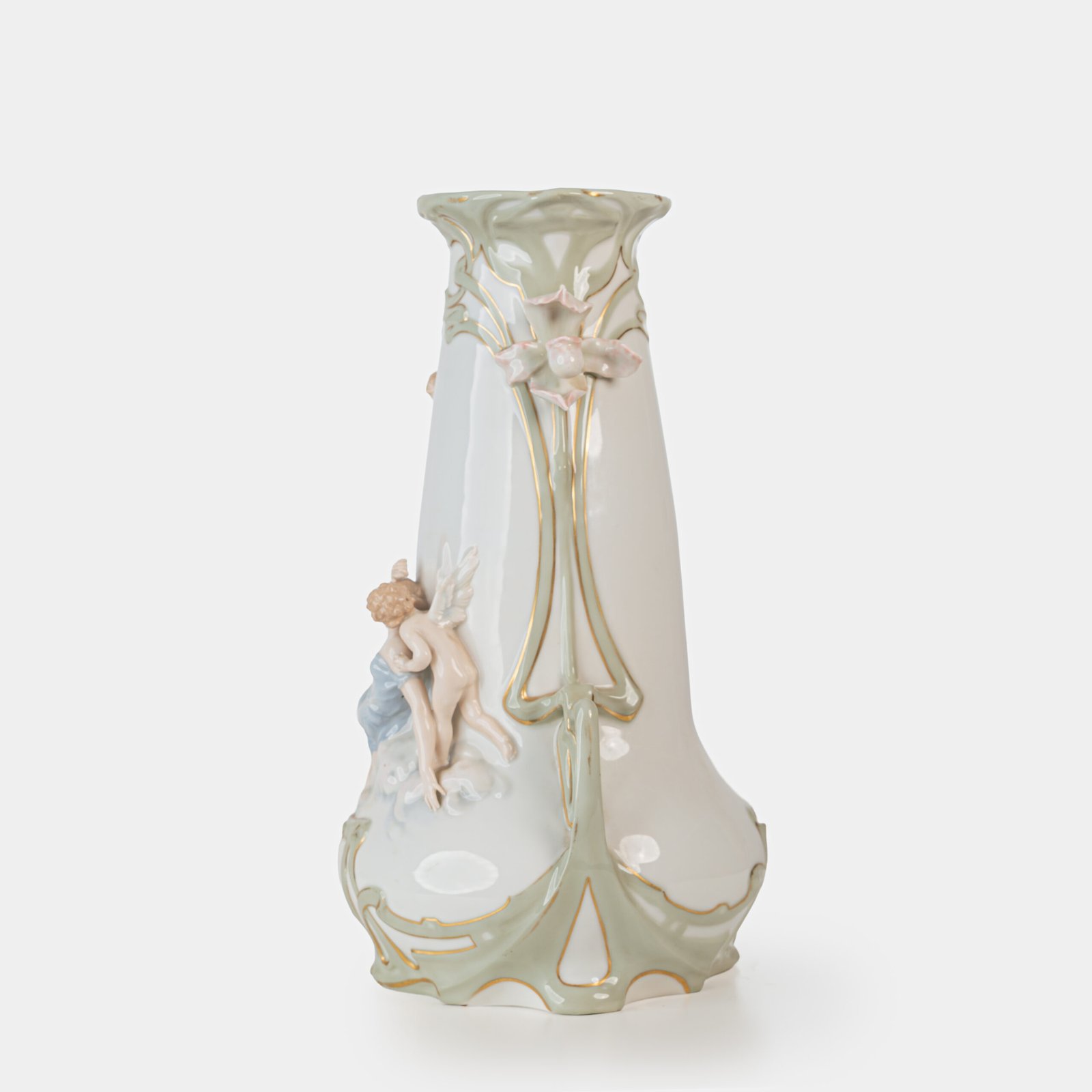 Art Nouveau porcelain vase by Karl Ens, circa 1900, featuring a sculptural composition in high relief with a maiden and cherub, hand-painted with floral details and highlighted with gilding. Marked “KVE” on the base.