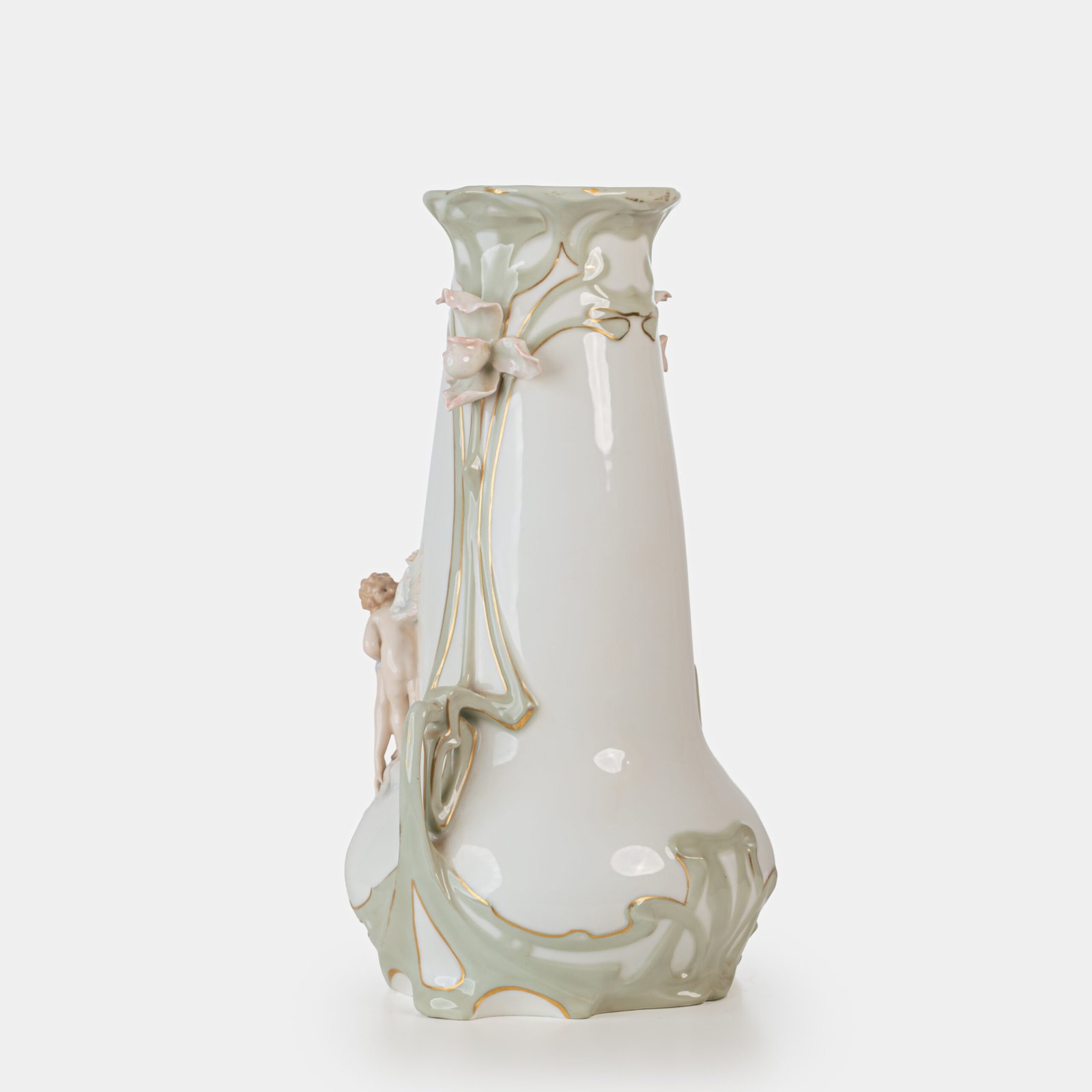 Art Nouveau porcelain vase by Karl Ens, circa 1900, featuring a sculptural composition in high relief with a maiden and cherub, hand-painted with floral details and highlighted with gilding. Marked “KVE” on the base.