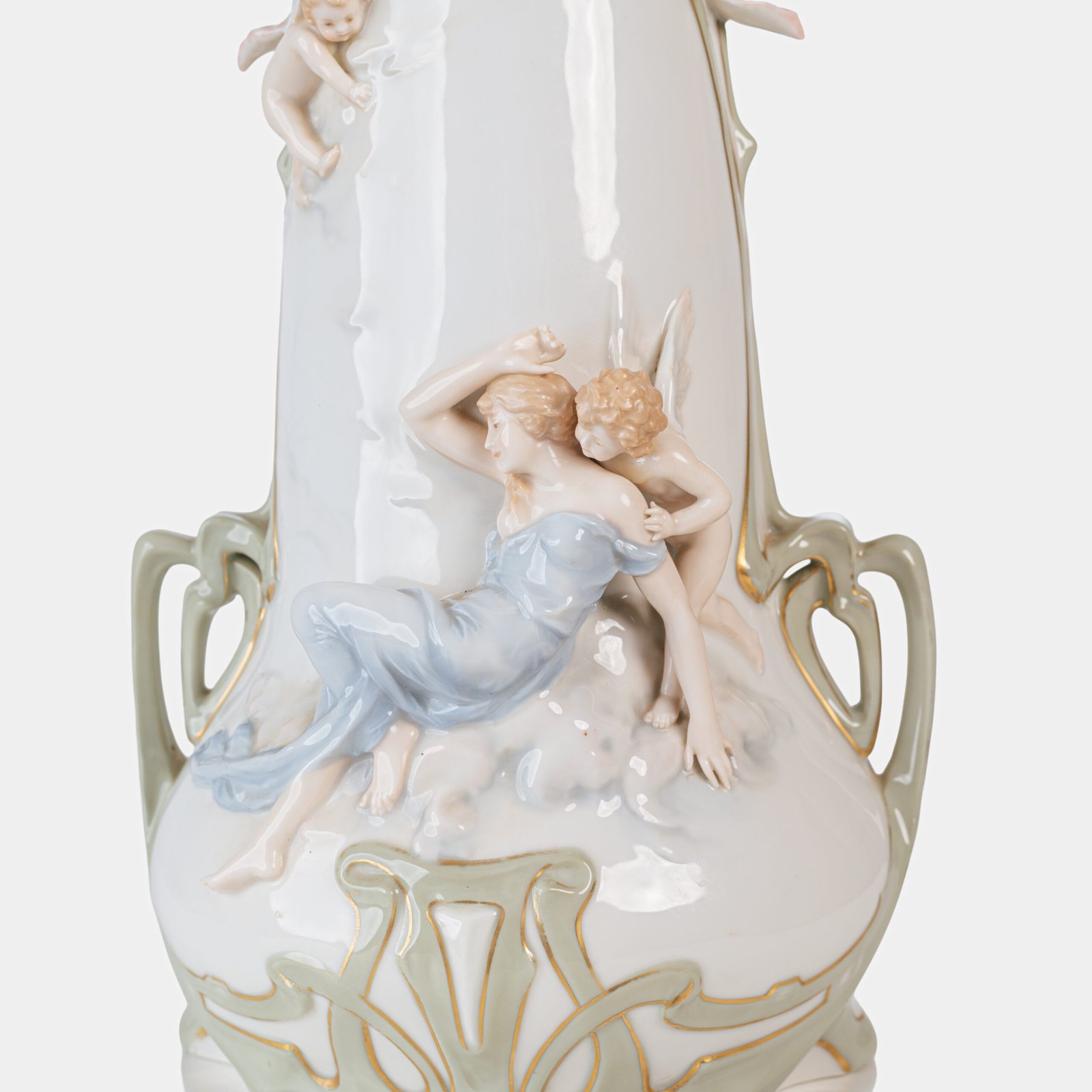 Art Nouveau porcelain vase by Karl Ens, circa 1900, featuring a sculptural composition in high relief with a maiden and cherub, hand-painted with floral details and highlighted with gilding. Marked “KVE” on the base.