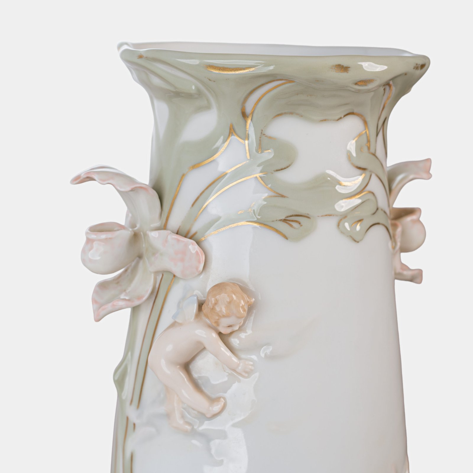 Art Nouveau porcelain vase by Karl Ens, circa 1900, featuring a sculptural composition in high relief with a maiden and cherub, hand-painted with floral details and highlighted with gilding. Marked “KVE” on the base.