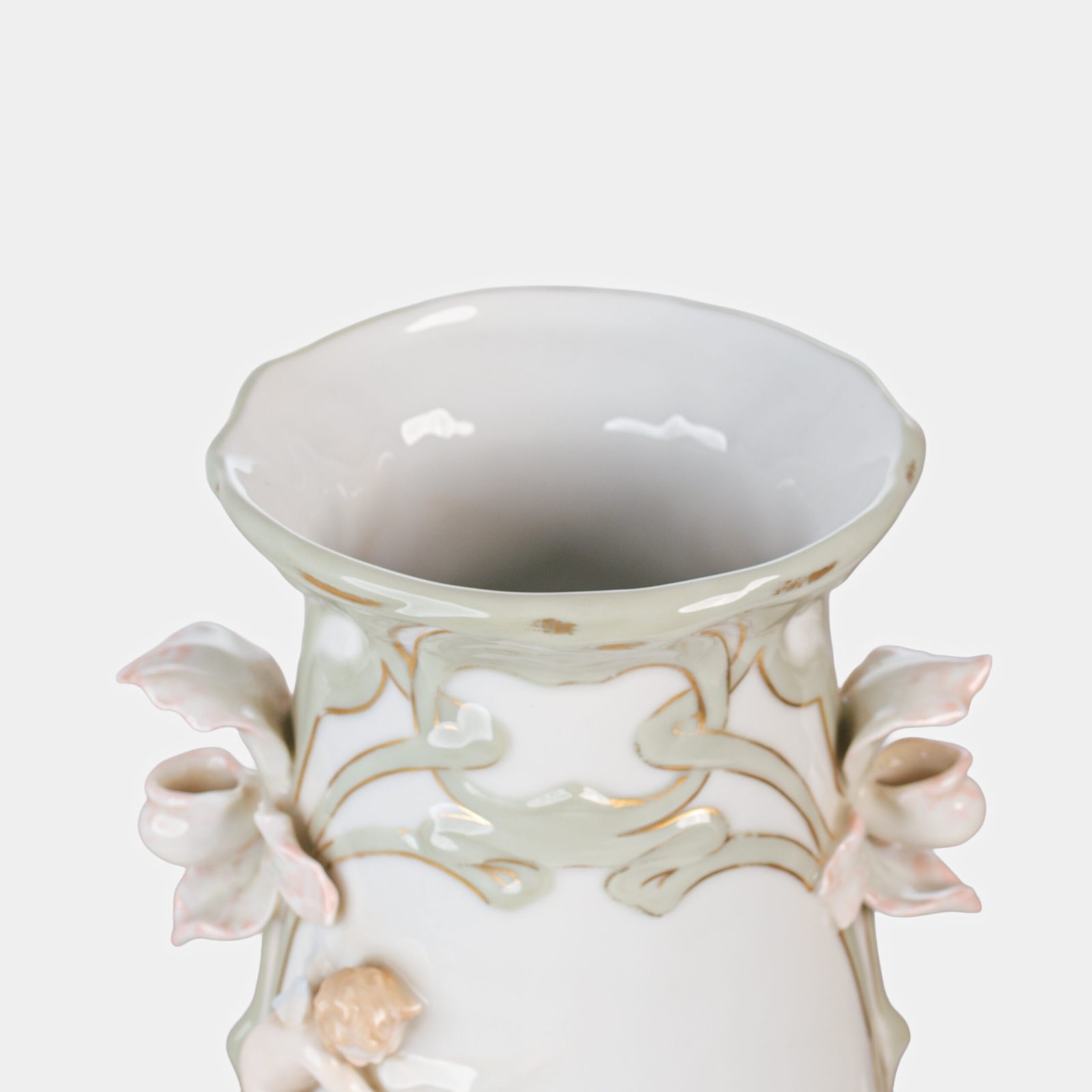 Art Nouveau porcelain vase by Karl Ens, circa 1900, featuring a sculptural composition in high relief with a maiden and cherub, hand-painted with floral details and highlighted with gilding. Marked “KVE” on the base.
