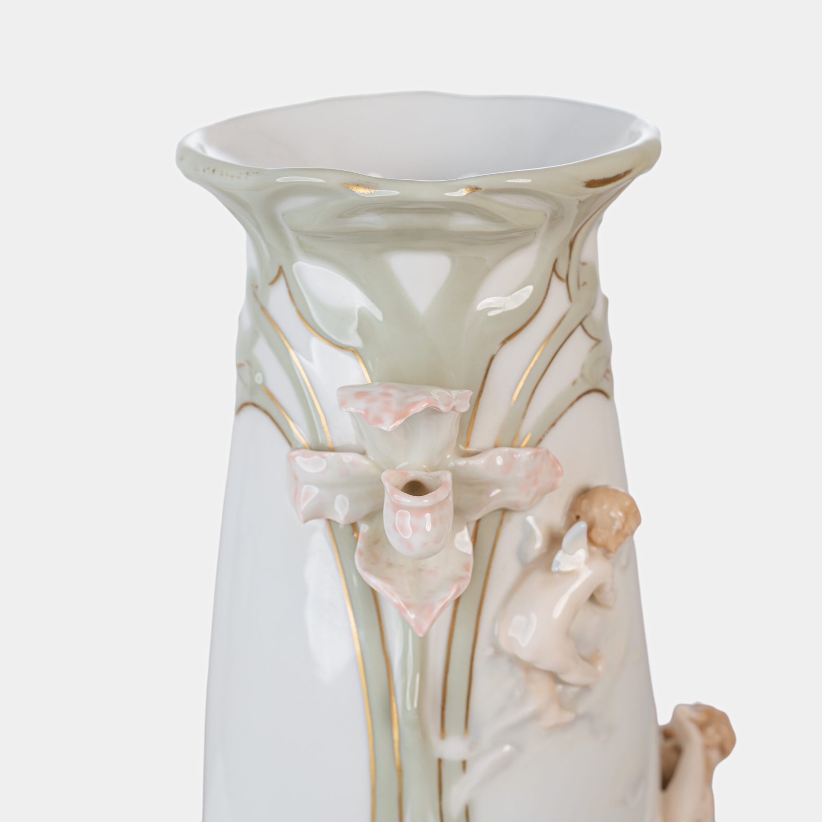 Art Nouveau porcelain vase by Karl Ens, circa 1900, featuring a sculptural composition in high relief with a maiden and cherub, hand-painted with floral details and highlighted with gilding. Marked “KVE” on the base.