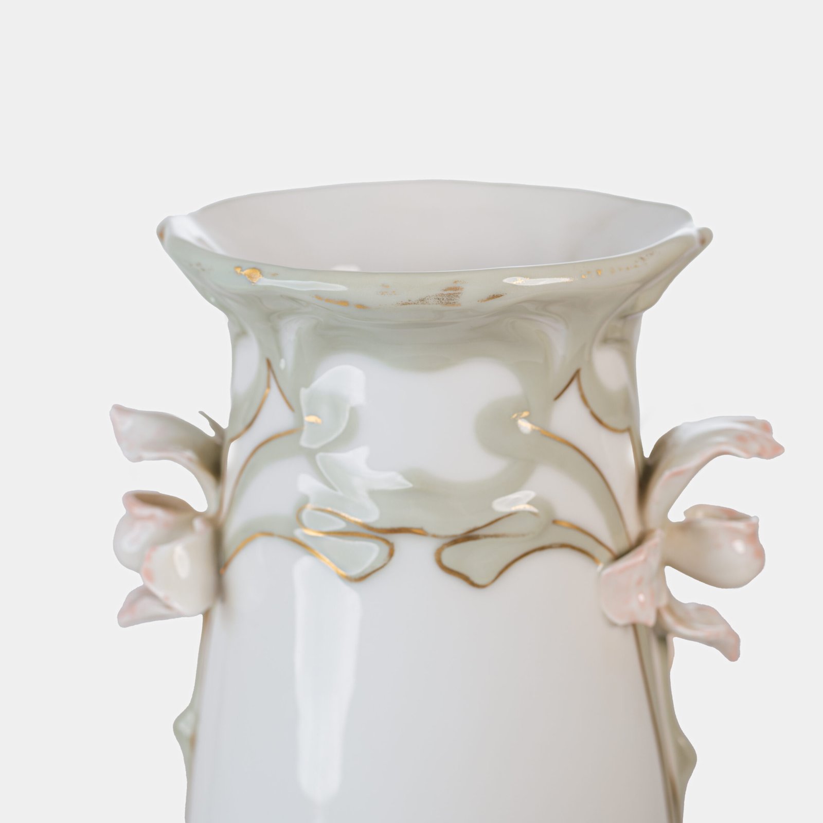 Art Nouveau porcelain vase by Karl Ens, circa 1900, featuring a sculptural composition in high relief with a maiden and cherub, hand-painted with floral details and highlighted with gilding. Marked “KVE” on the base.