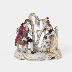Antique 18th century Ludwigsburg porcelain figurine: Rococo musical couple with mandolin and harp