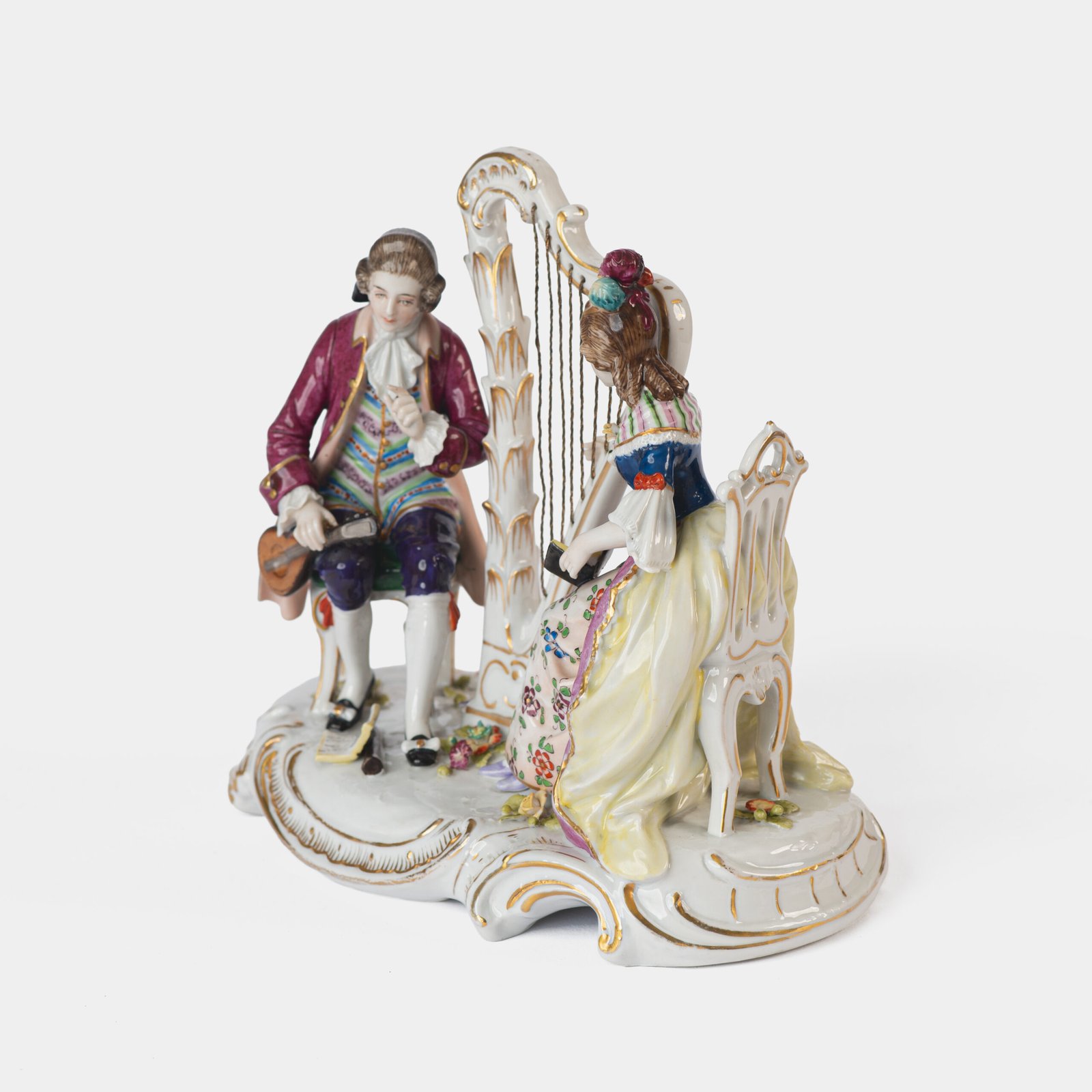 Antique 18th century Ludwigsburg porcelain figurine: Rococo musical couple with mandolin and harp