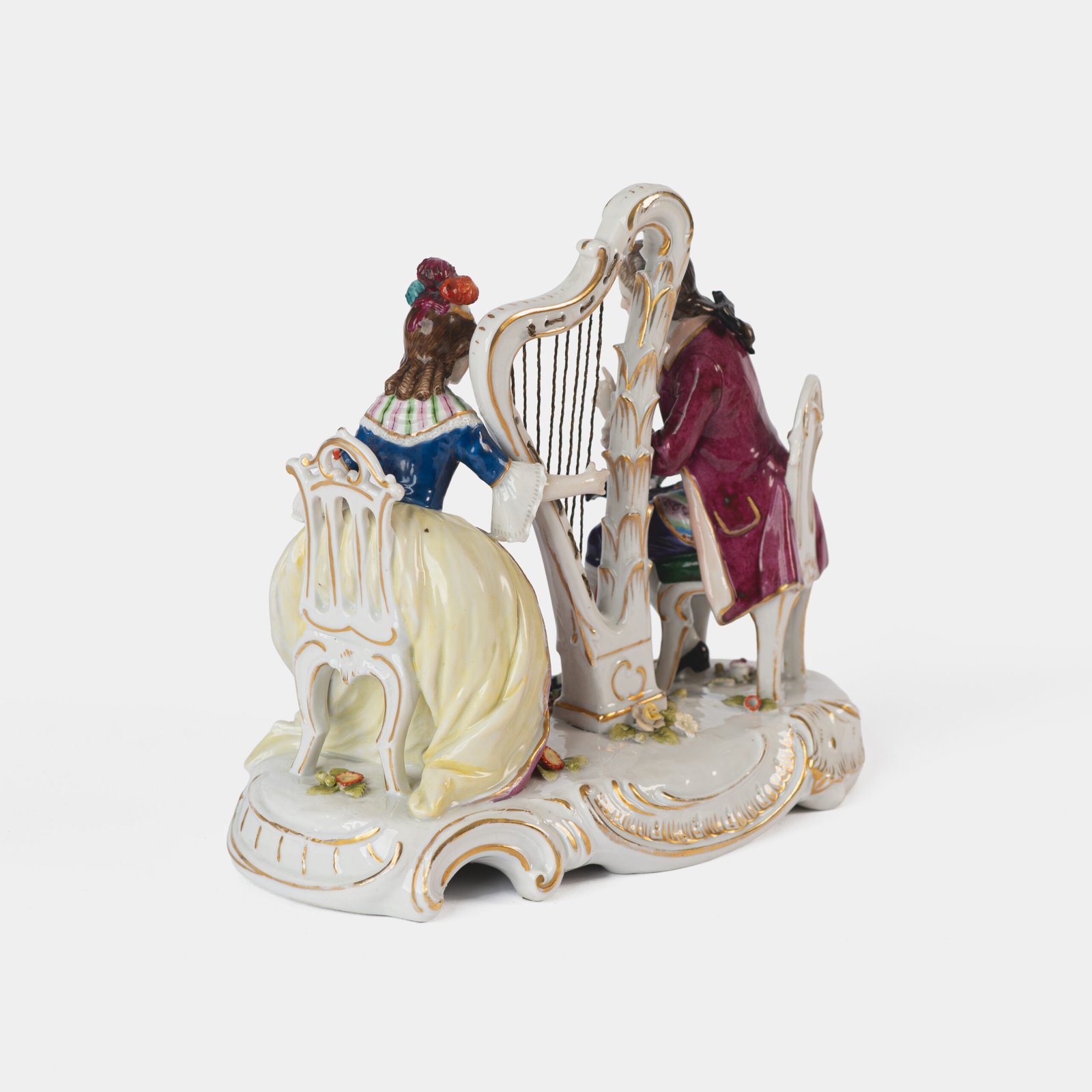 Antique 18th century Ludwigsburg porcelain figurine: Rococo musical couple with mandolin and harp