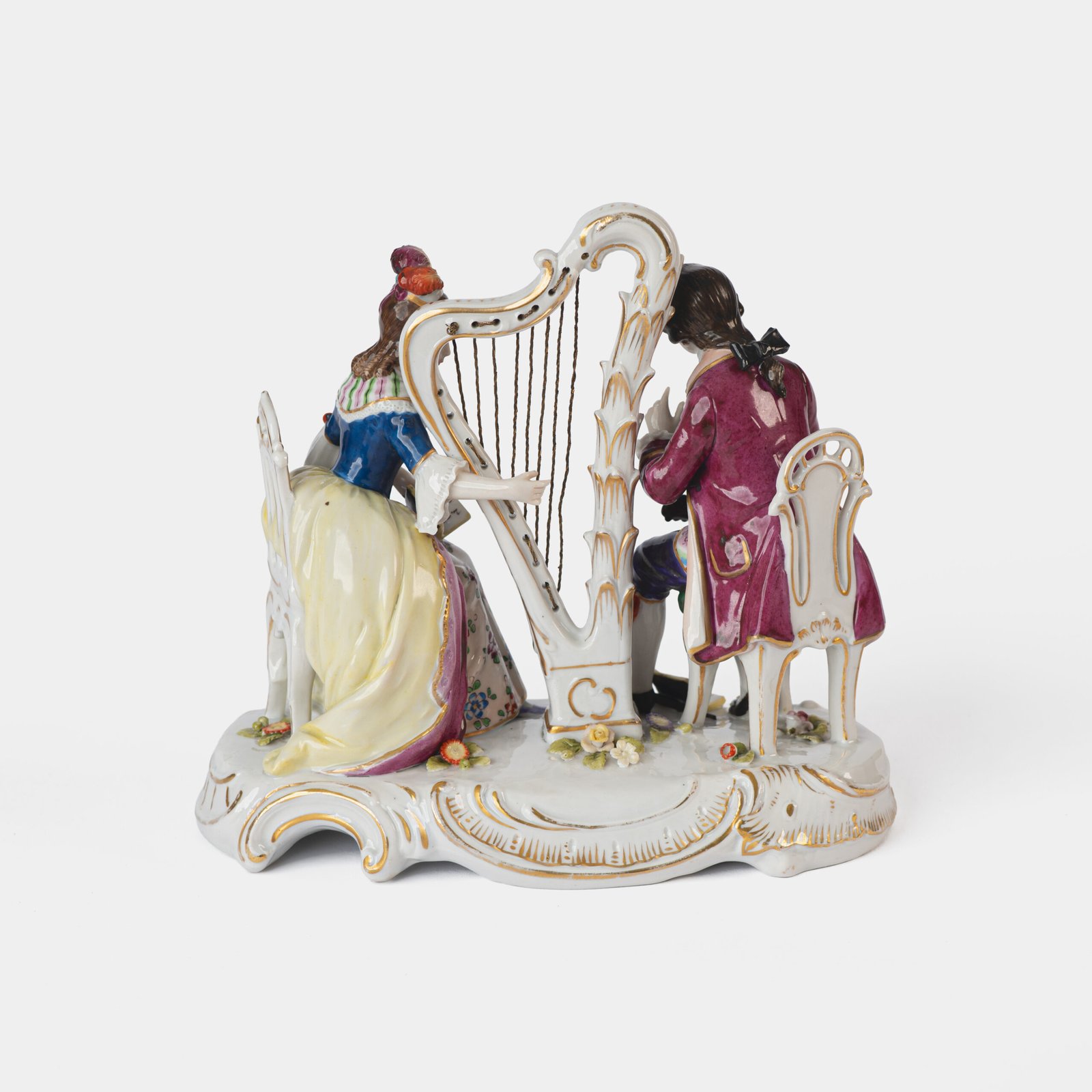 Antique 18th century Ludwigsburg porcelain figurine: Rococo musical couple with mandolin and harp
