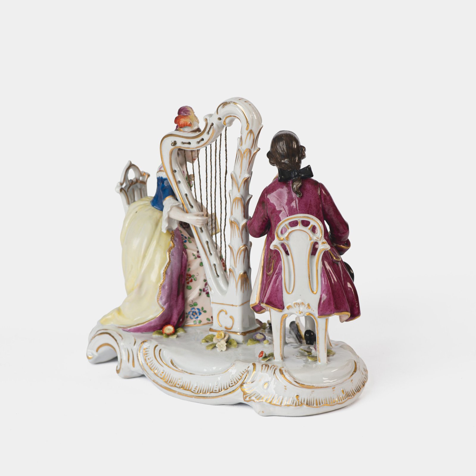Antique 18th century Ludwigsburg porcelain figurine: Rococo musical couple with mandolin and harp