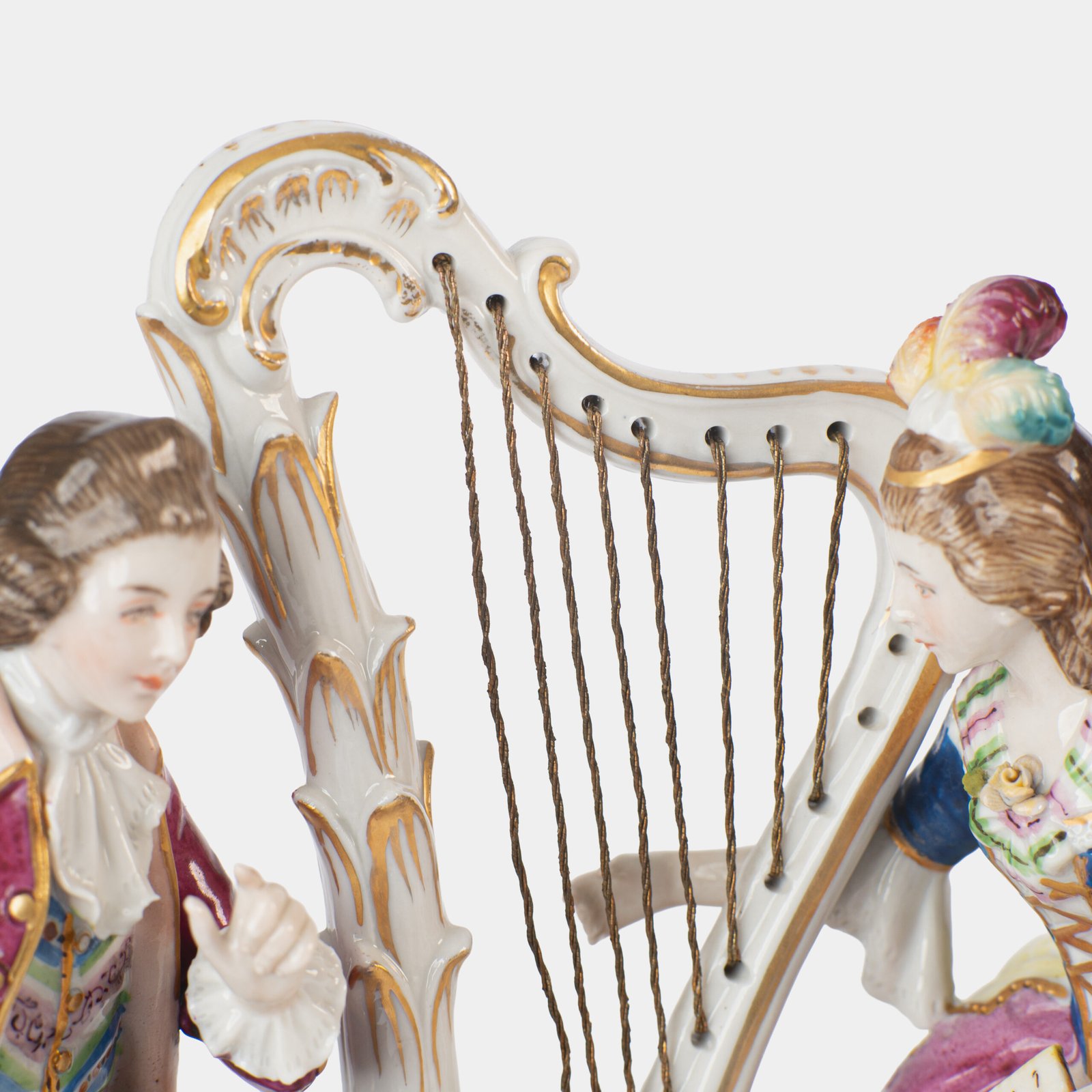 Antique 18th century Ludwigsburg porcelain figurine: Rococo musical couple with mandolin and harp