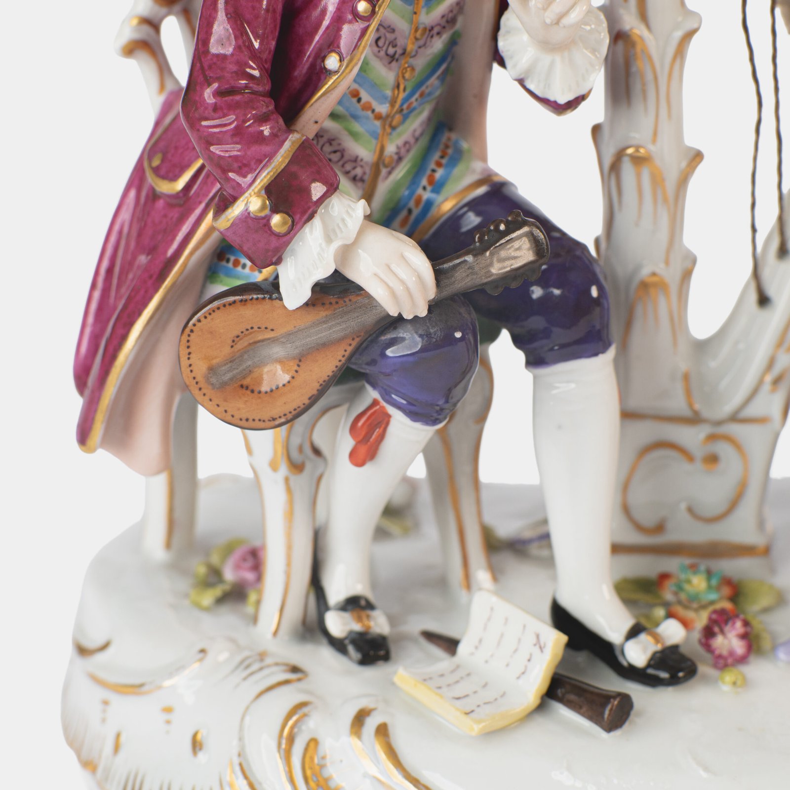 Antique 18th century Ludwigsburg porcelain figurine: Rococo musical couple with mandolin and harp