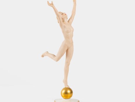 Exquisite Karl Tutter figurine “Sonnenkind” Art Deco porcelain sculpture of a nude young woman balancing on a gilded sphere, Hutschenreuther c.1935–40.