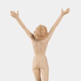 Karl Tutter porcelain figurine “Sonnenkind” – Art Deco sculpture by Hutschenreuther Germany, c.1935–1940 Art Deco porcelain figurine titled “Sonnenkind” (“Sun Child”), modeled by Karl Tutter for Hutschenreuther ca. 1935–1940. Depicts a nude young woman balancing on a golden sphere, arms extended in a dynamic pose. White porcelain with a matte pinkish flesh-tone finish, painted facial features, and satin brown hair. Gilded accents on the sphere and base. Rare signed version with circular base and gold trim.