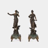 "Pair of Art Nouveau sculptures by Auguste Moreau, La Moisson and Le Message, in zinc with a bronze patina on a marble base, circa 1880-1900."