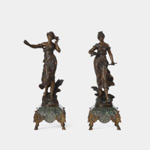 "Pair of Art Nouveau sculptures by Auguste Moreau, La Moisson and Le Message, in zinc with a bronze patina on a marble base, circa 1880-1900."